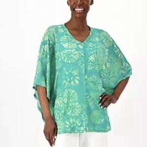 LOGO by Lori Goldstein Beach to Street Mesh Caftan Top Blue Grass Green 3X
